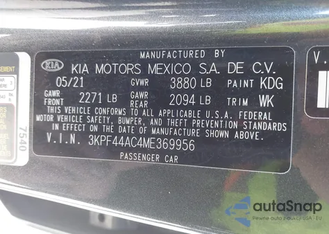 2021 Kia Forte Gt Manual из США, поврежденный, VIN 3KPF44AC4ME369956